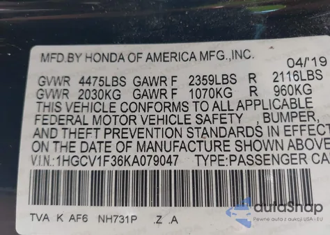 2019 Honda Accord Sport из США, поврежденный, VIN 1HGCV1F36KA079047